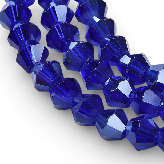 x1 Fil de Perles de Verre Transparentes Facettées – Biconiques 4 mm – Bleu Foncé AB