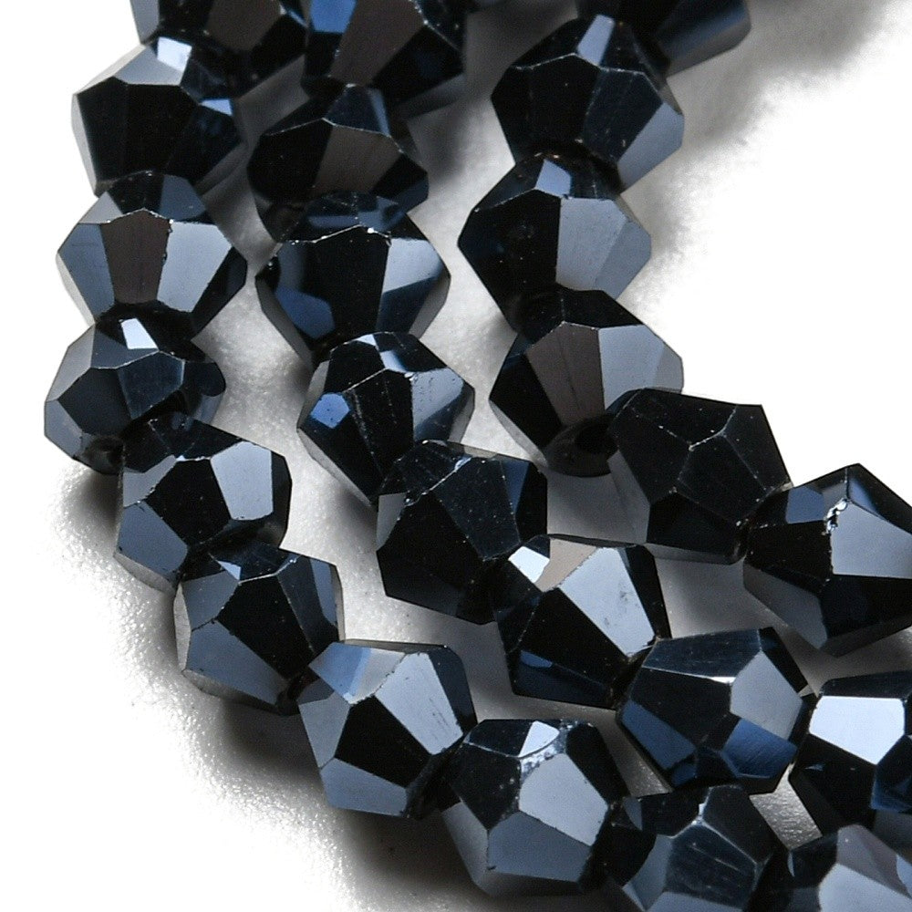 x1 Fil de Perles de Verre Transparentes Facettées – Biconiques 4 mm – Noir Hématite ou Noir AB