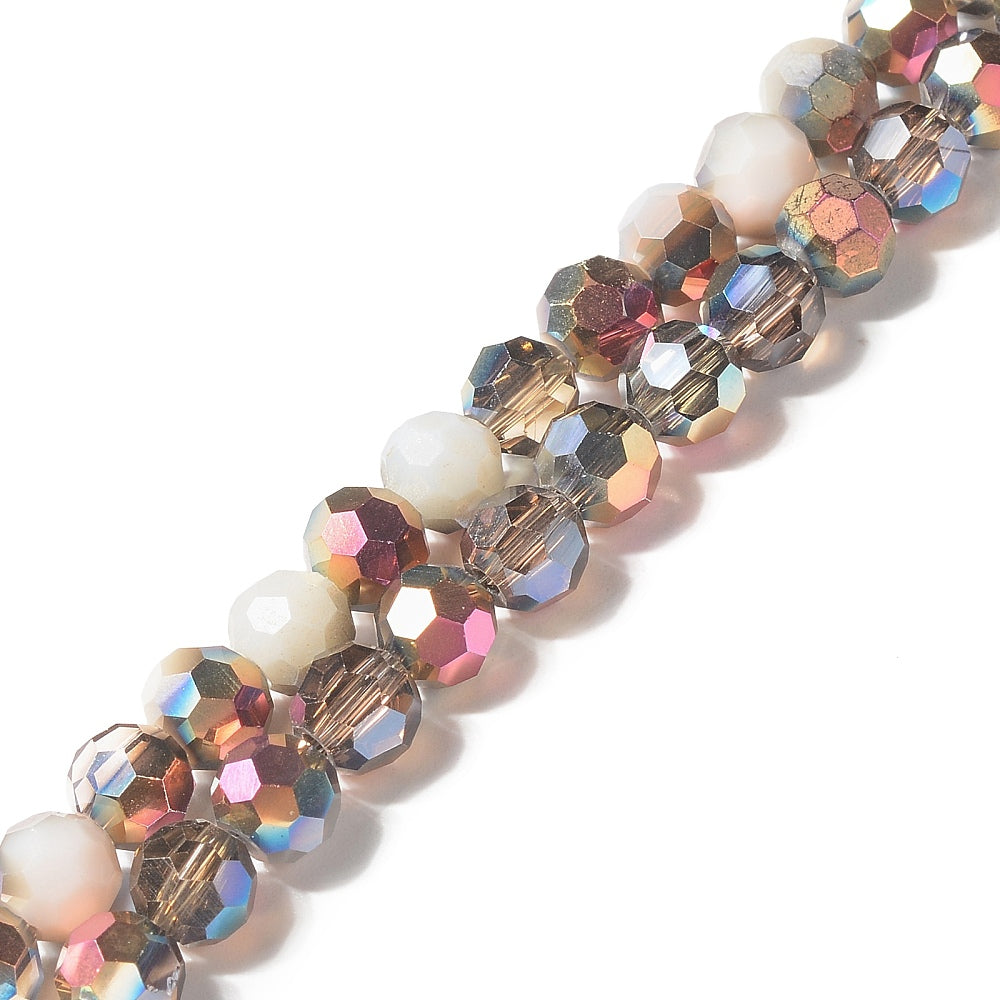 Fil de Perles en Verre Facettées Électroplaquées – Blanc Ivoire et métallisé Multicolore – 6 mm