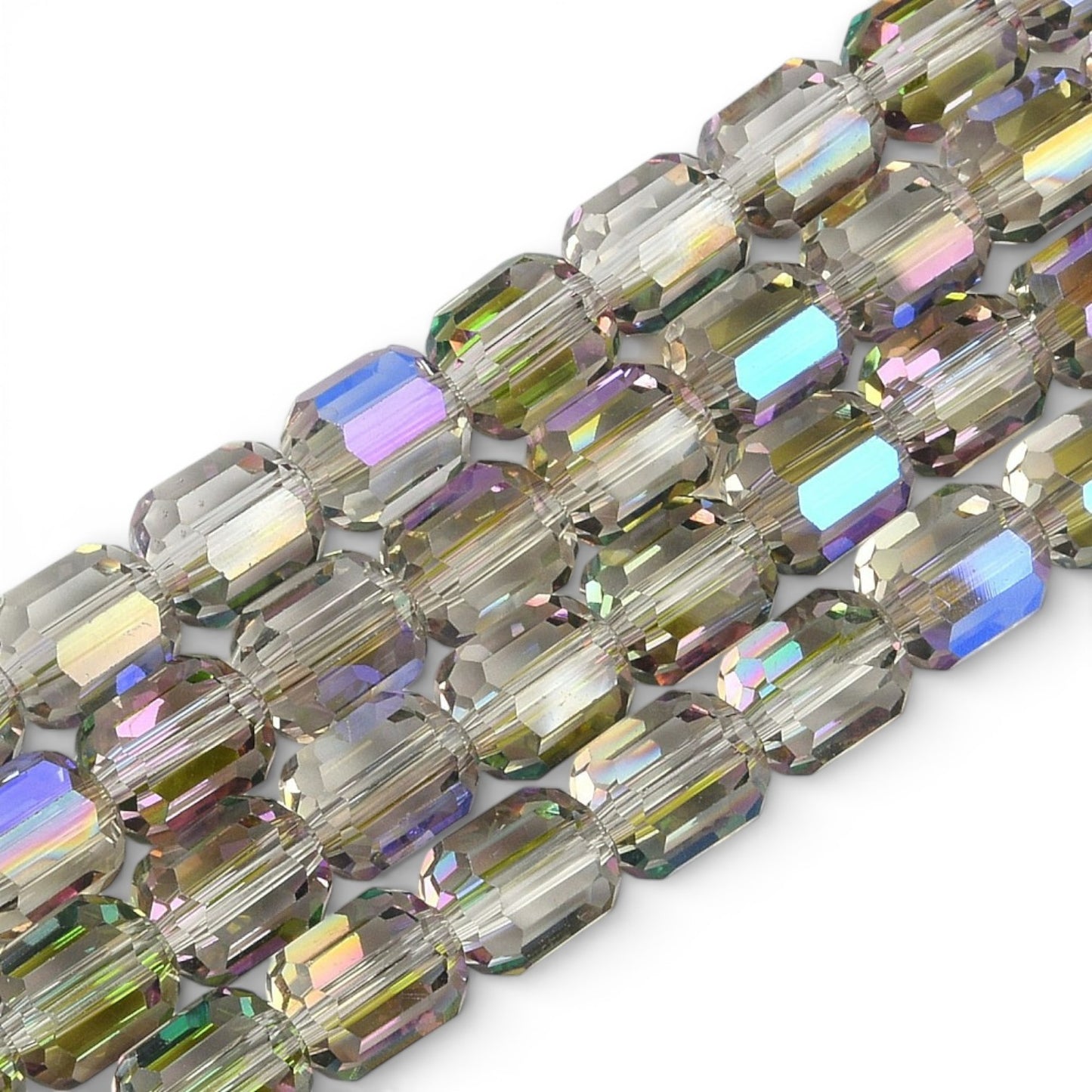 x1 Fil de Perles de verre électroplaquées – Cylindriques à facettes 9 x 7,5 mm – Gris reflets vert et violet