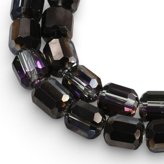 x1 Fil de Perles de verre électroplaquées – Cylindriques à facettes 9 x 7,5 mm – Noir et reflets violet