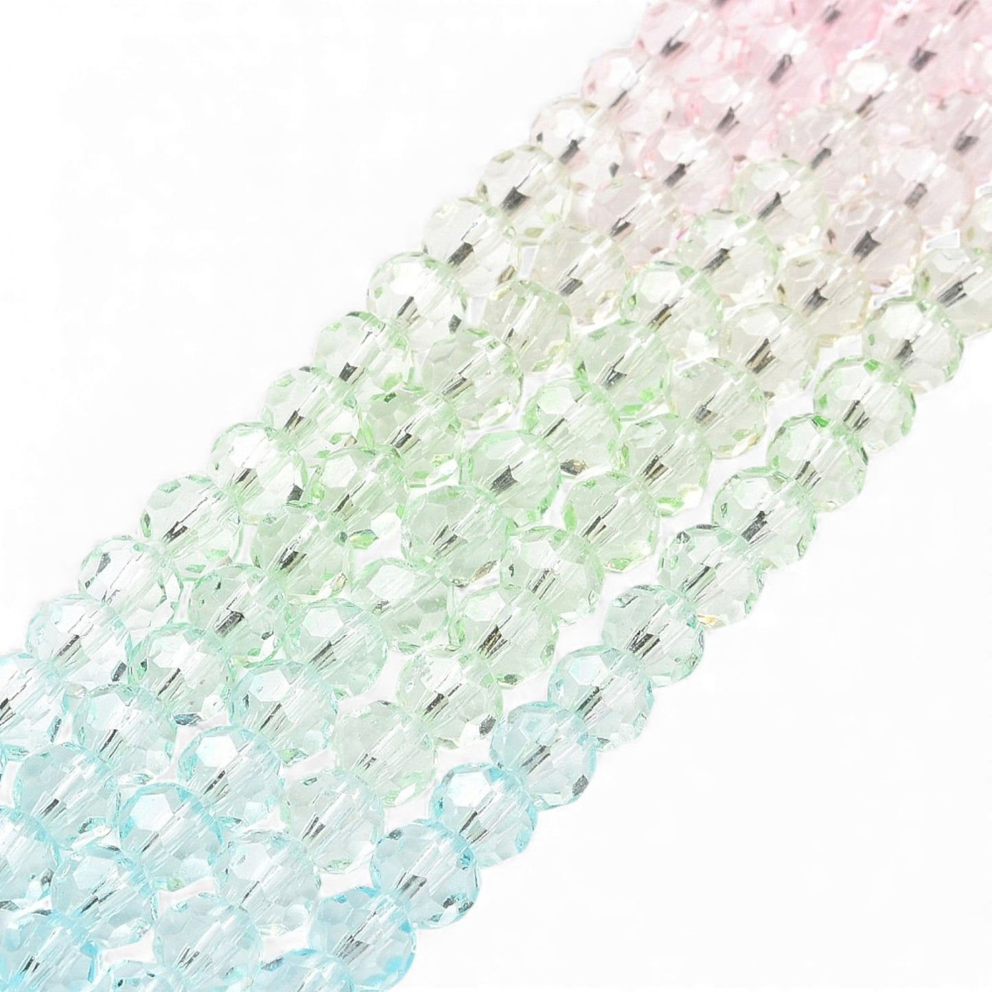 Fil de Perles de Verre Transparentes à Facettes – Vert/bleu/rose – Ø 5,5 à 6 mm (50 cm)