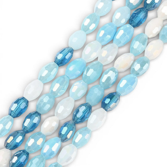 x1 Fil de Perles de verre – Ovales facettées bleu ciel et blanc 4 x 6 mm