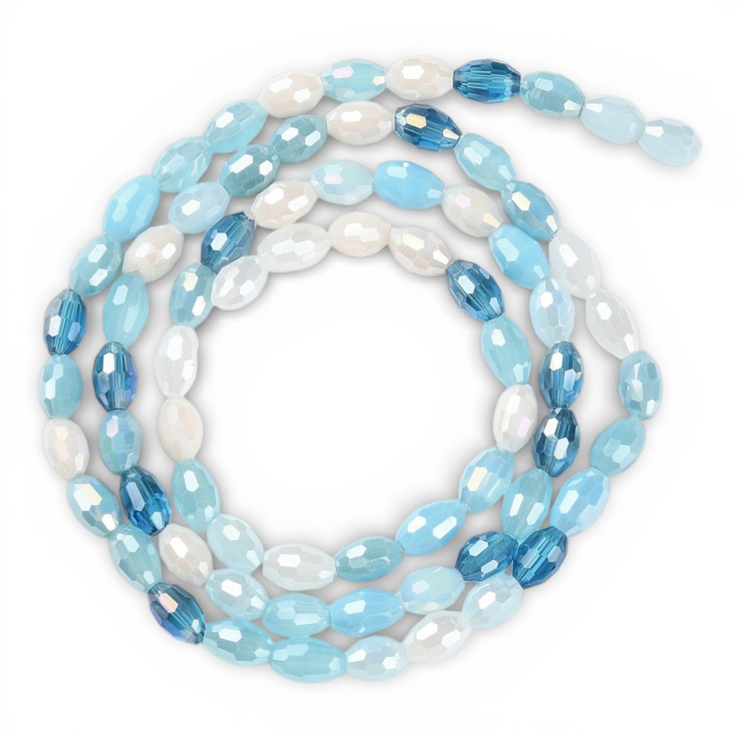 x1 Fil de Perles de verre – Ovales facettées bleu ciel et blanc 4 x 6 mm