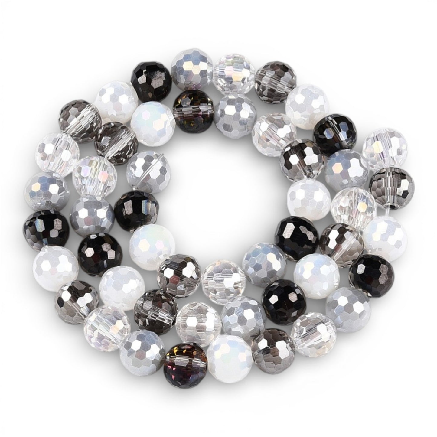 x1 Fil de Perles en Verre Électroplaqué à Facettes – Noir, Gris et blanc – 8 mm
