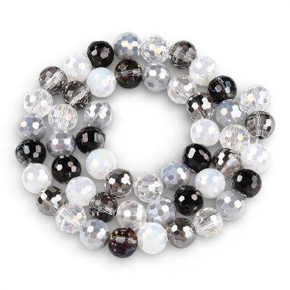 x1 Fil de Perles en Verre Électroplaqué à Facettes – Noir, Gris et blanc – 8 mm