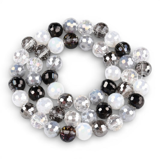 x1 Fil de Perles en Verre Électroplaqué à Facettes – Noir, Gris et blanc – 8 mm