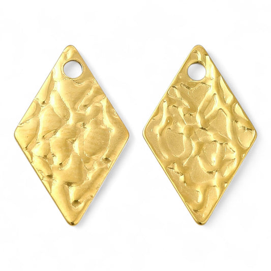 X2 Pendentifs Losange Texturés en Acier Inoxydable 304 – plaqué or 18k – 16 mm