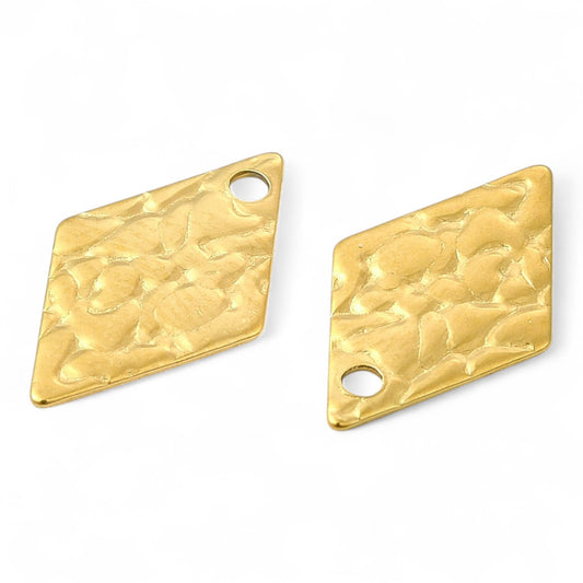 X2 Pendentifs Losange Texturés en Acier Inoxydable 304 – plaqué or 18k – 16 mm