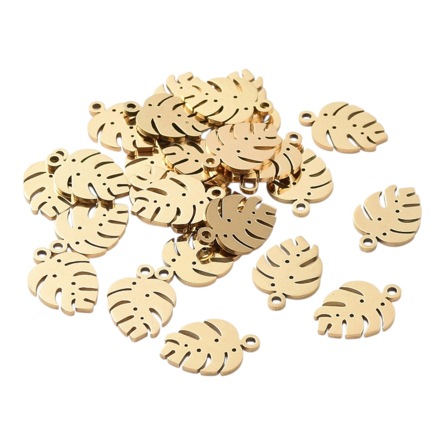 x1 Breloque Feuille Tropicale en Acier Inoxydable 304 – Doré – 13×9 mm