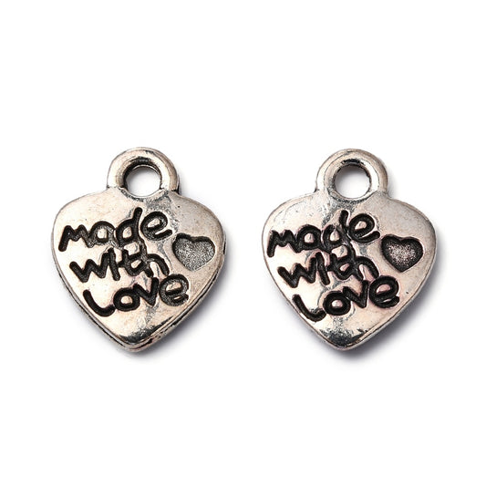 20 Breloques Cœurs "Made with Love" – Argenté vieilli – 12x10 mm