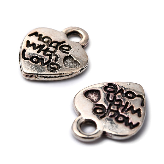 20 Breloques Cœurs "Made with Love" – Argenté vieilli – 12x10 mm