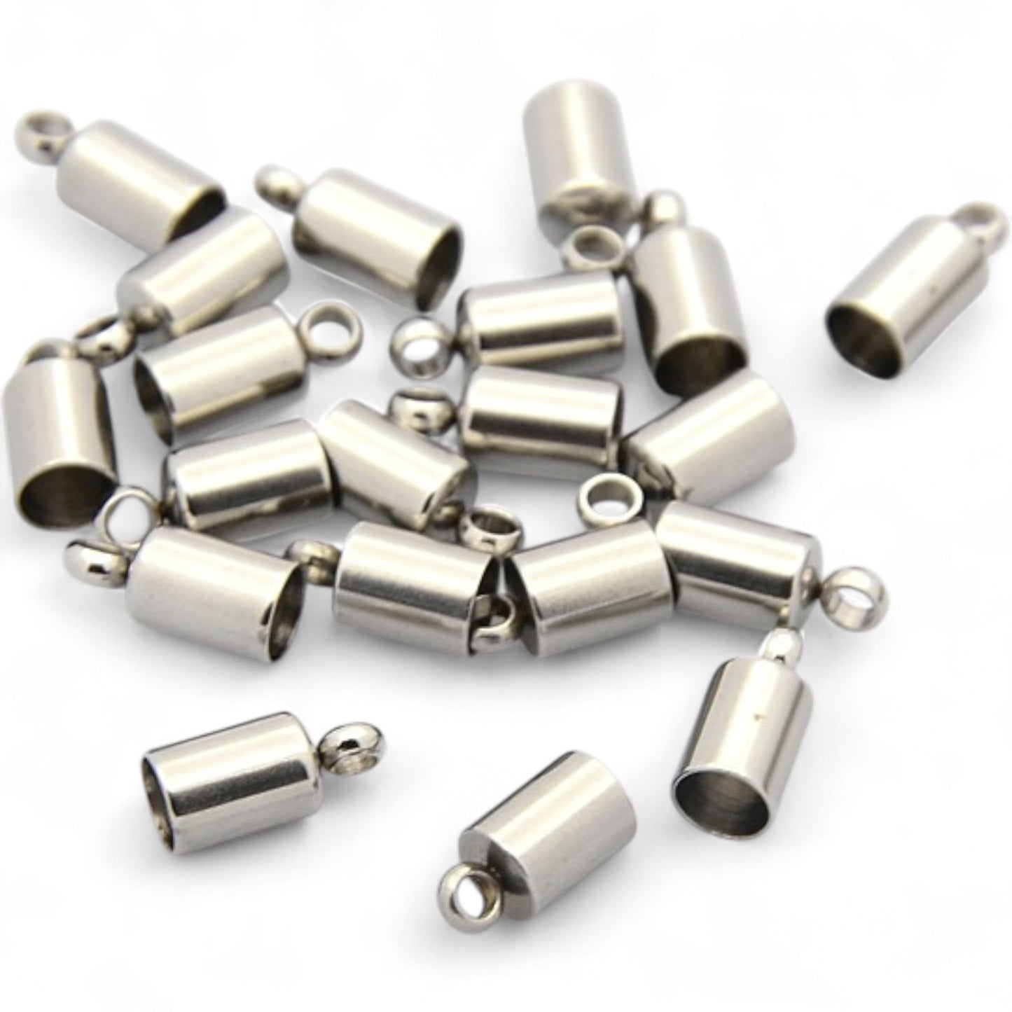 x2 Embouts Cylindriques avec Anneau – Acier Inoxydable 304 – pour cordon 4 mm