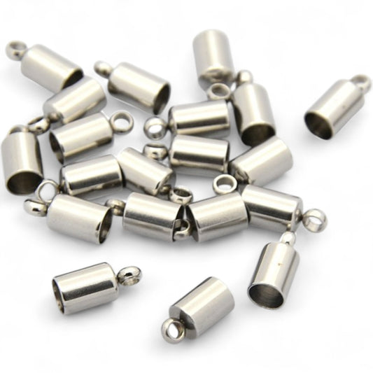 x2 Embouts Cylindriques avec Anneau – Acier Inoxydable 304 – pour cordon 4 mm