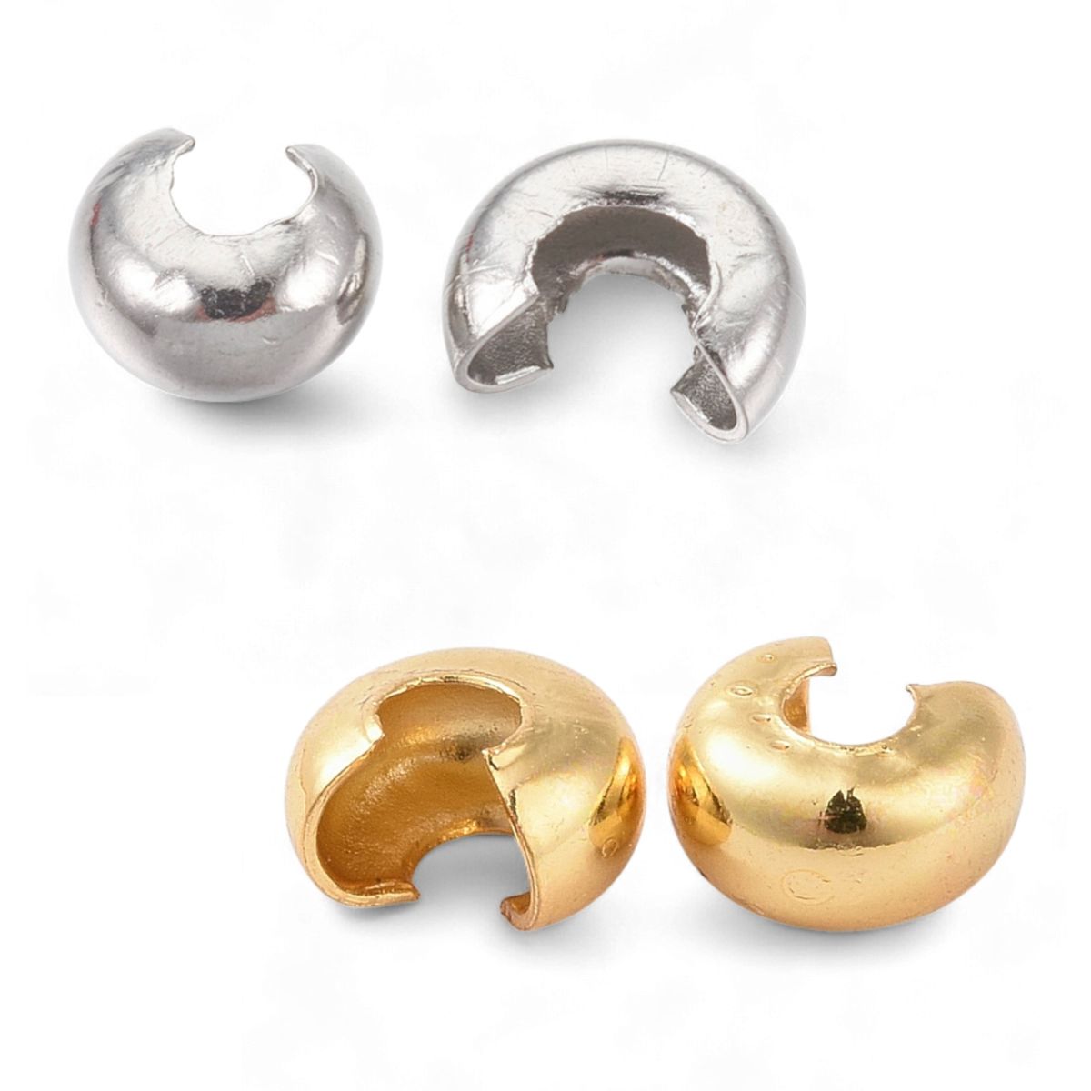 x10 Cache-Perles à Écraser en Acier Inoxydable 304 – Argenté ou Doré – 4,5 mm