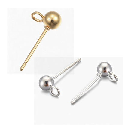 x1 paire Clous d’oreilles ronds avec boucle – Acier inox 304 plaqué or 24K ou Acier