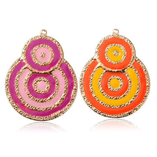 x1 Pendentif rond plats ou calebasse – Fer émaillé doré – Rose foncé ou Orange – 48x63mm