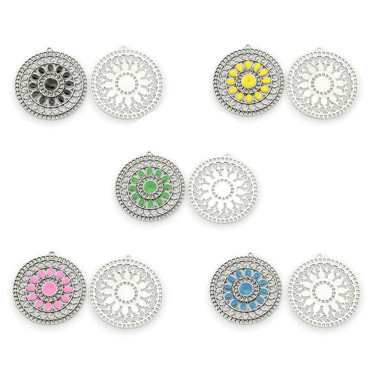 x1 Pendentif en alliage émaillé ton argent antique, ronds et plats – couleurs au choix