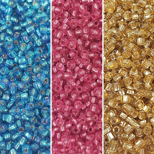Lot de perles de rocaille 2 mm – Translucides cœur argent – Fin de série - lot de 3 couleurs