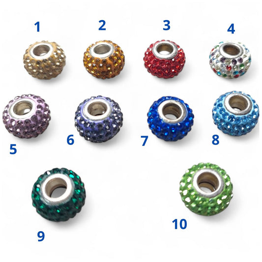 x1 Perle européenne strass qualité A – Ø15 mm, trou 5 mm, couleurs au choix