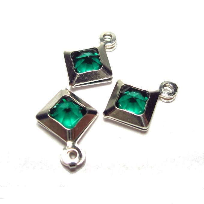 x2 breloques cristal vert foncé serti argent 925, forme losange, 11,2x8mm: BS0002-VF