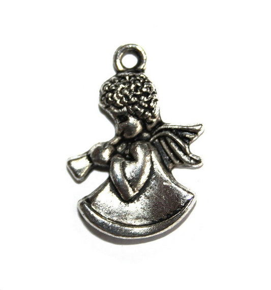 x5 Pendentifs Ange joueur de flûte en métal argenté foncé – 25,8x18,2 mm
