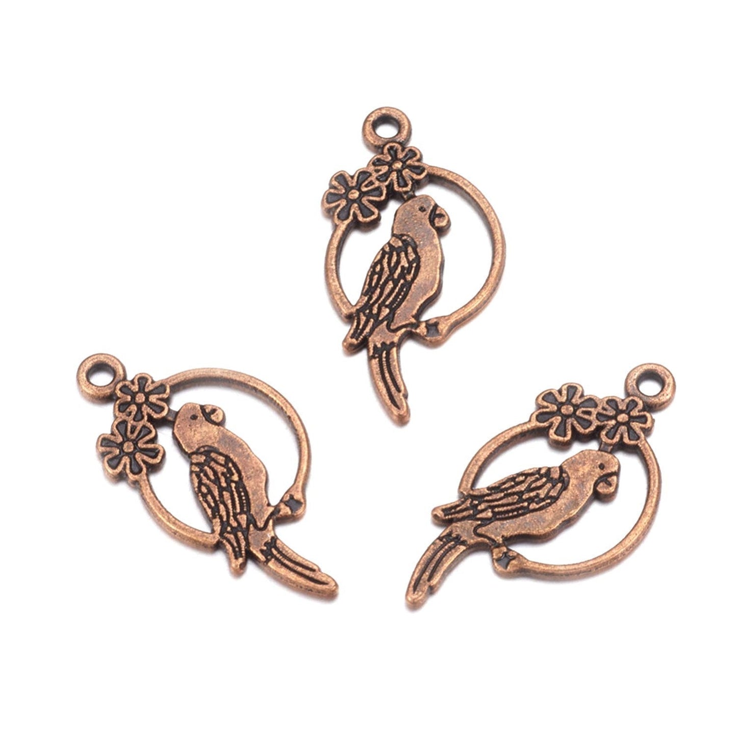 x5 Breloques Oiseaux – Perroquets en métal cuivre – 28x14,5 mm